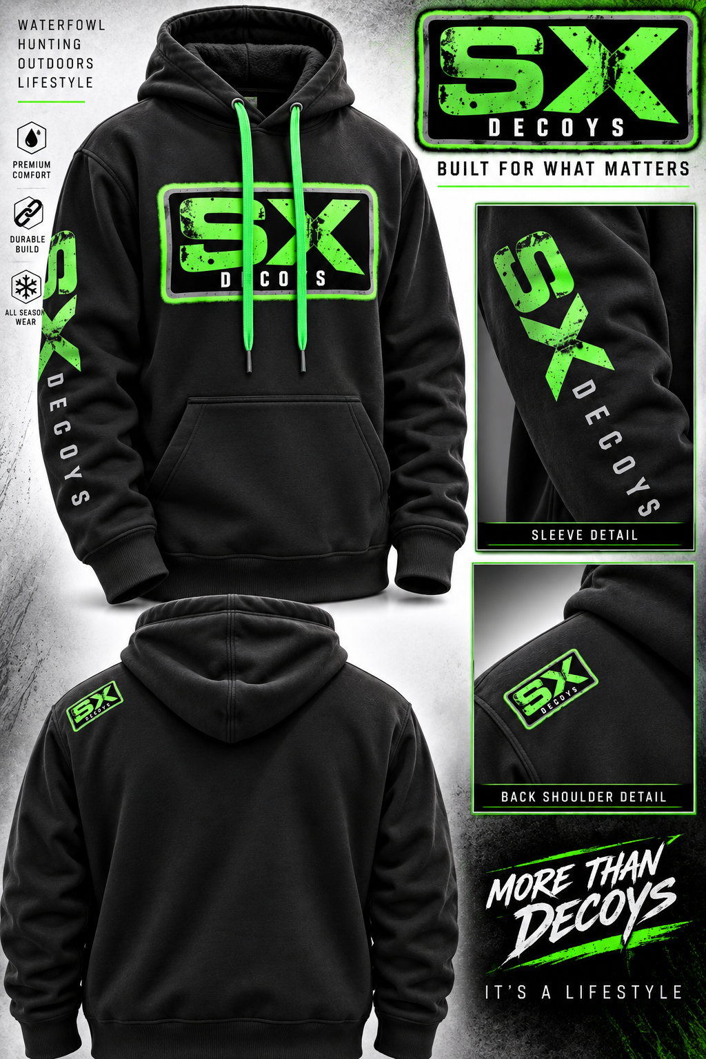 SX Decoys Black Hoodie Green logo
