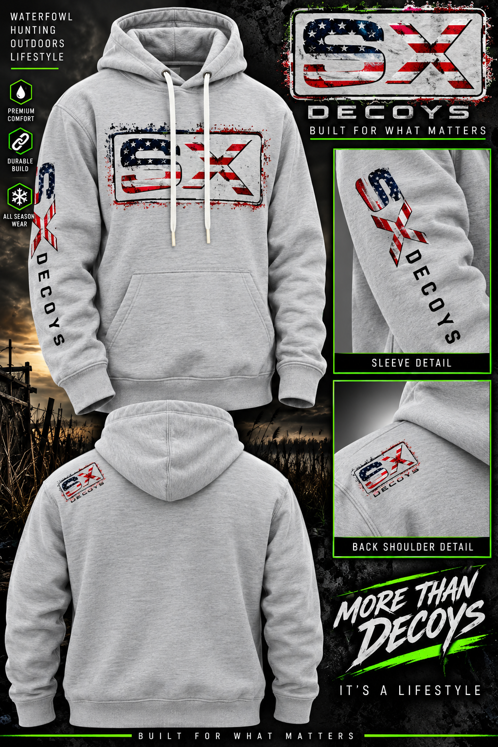SX Decoys Heathered Oatmeal Hoodie USA Flag Logo