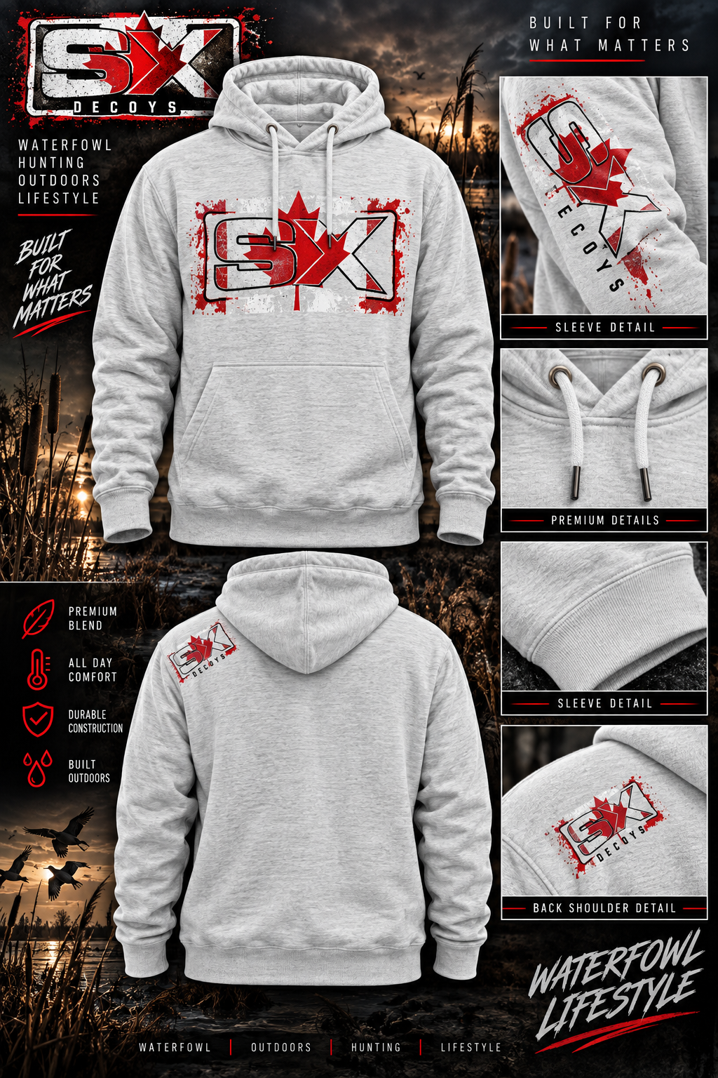 SX Decoys Heathered Oatmeal Canada Flag Hoodie