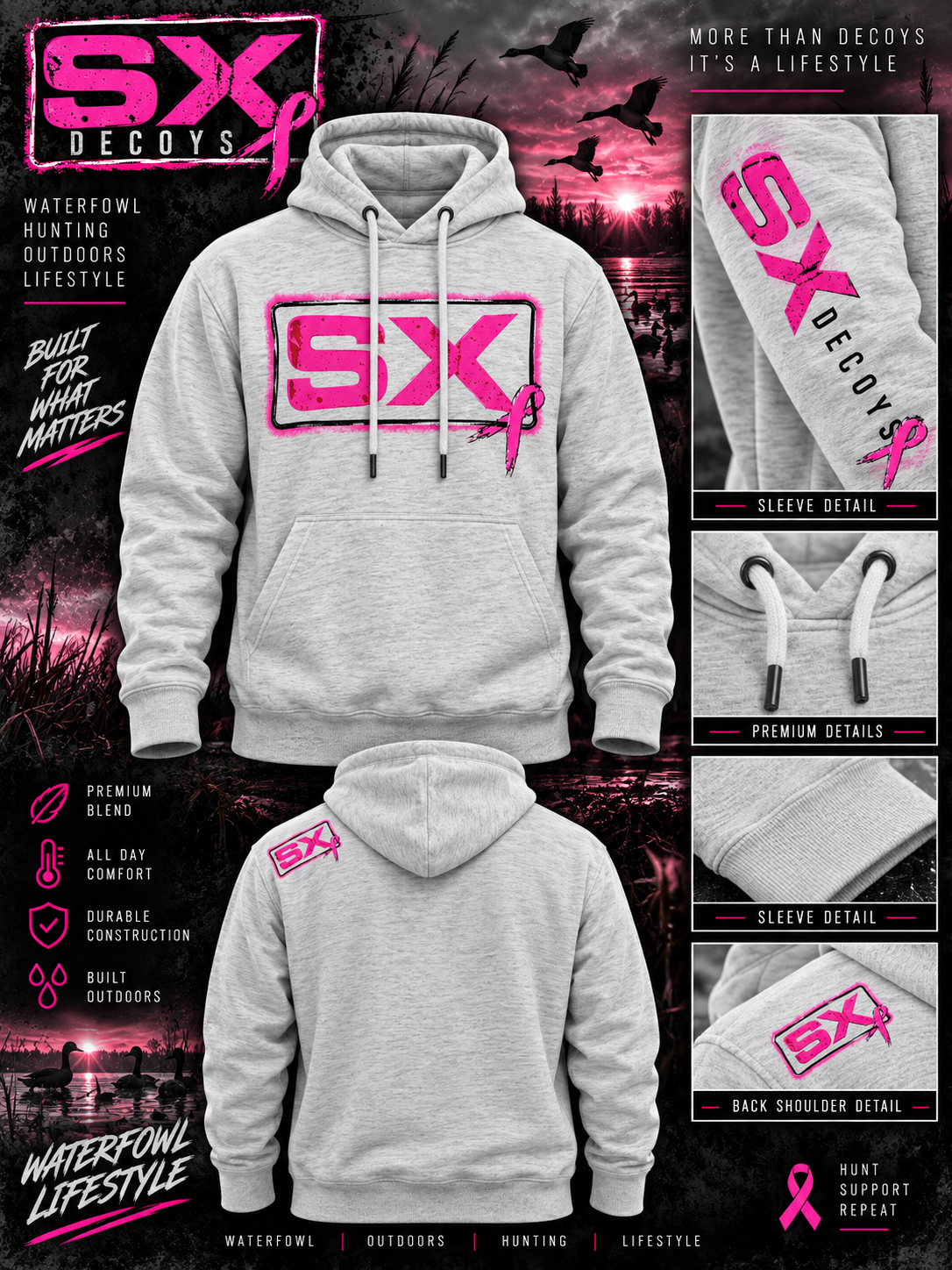 SX Oatmeal Hoodie with Pink Logo