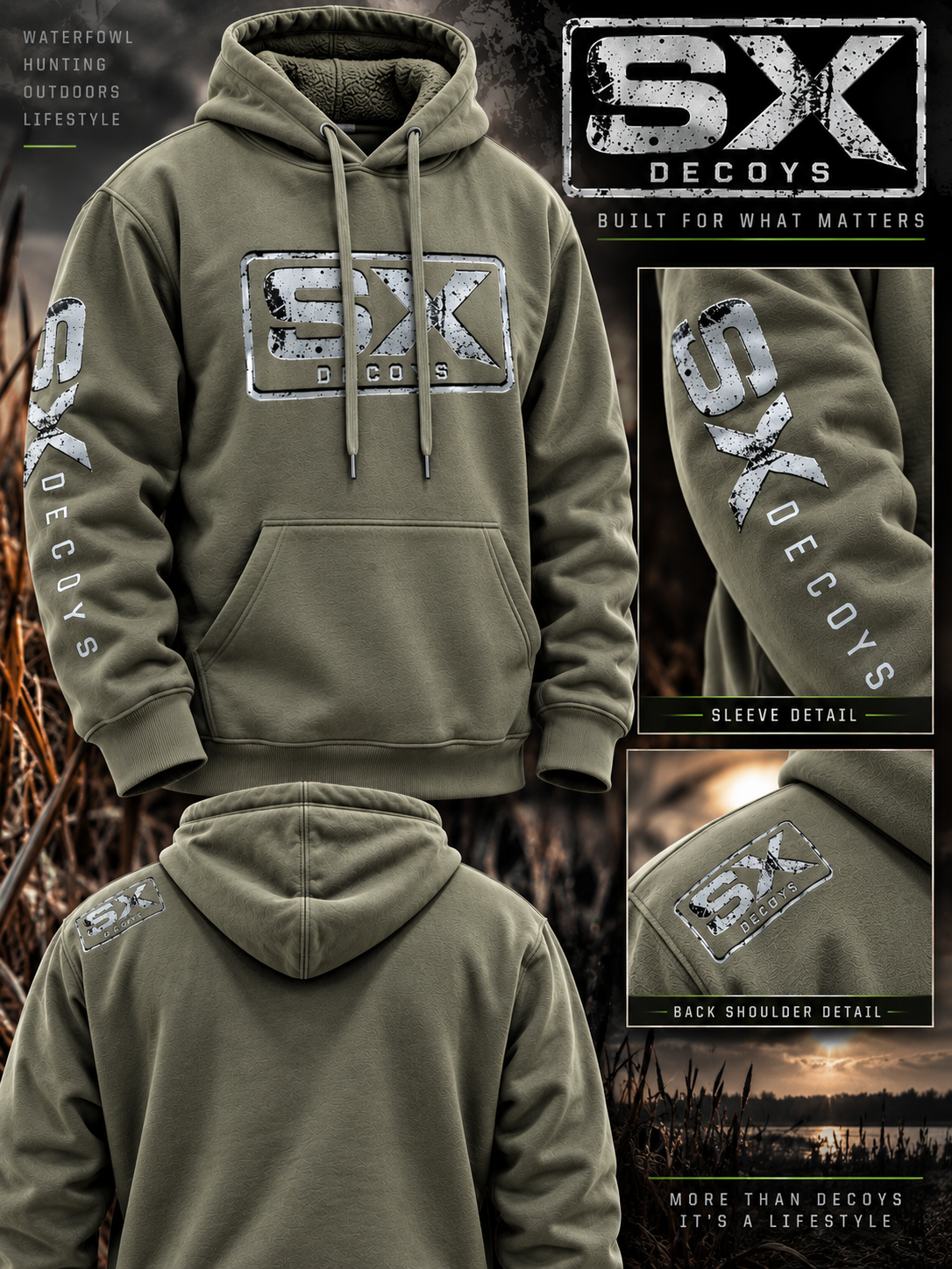 sx decoys olive green hoodie gray logo