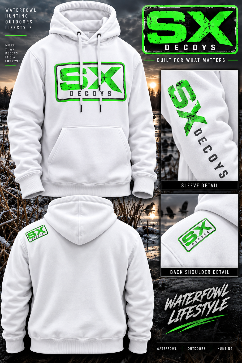 SX Decoy White Hoodie with Green Logo