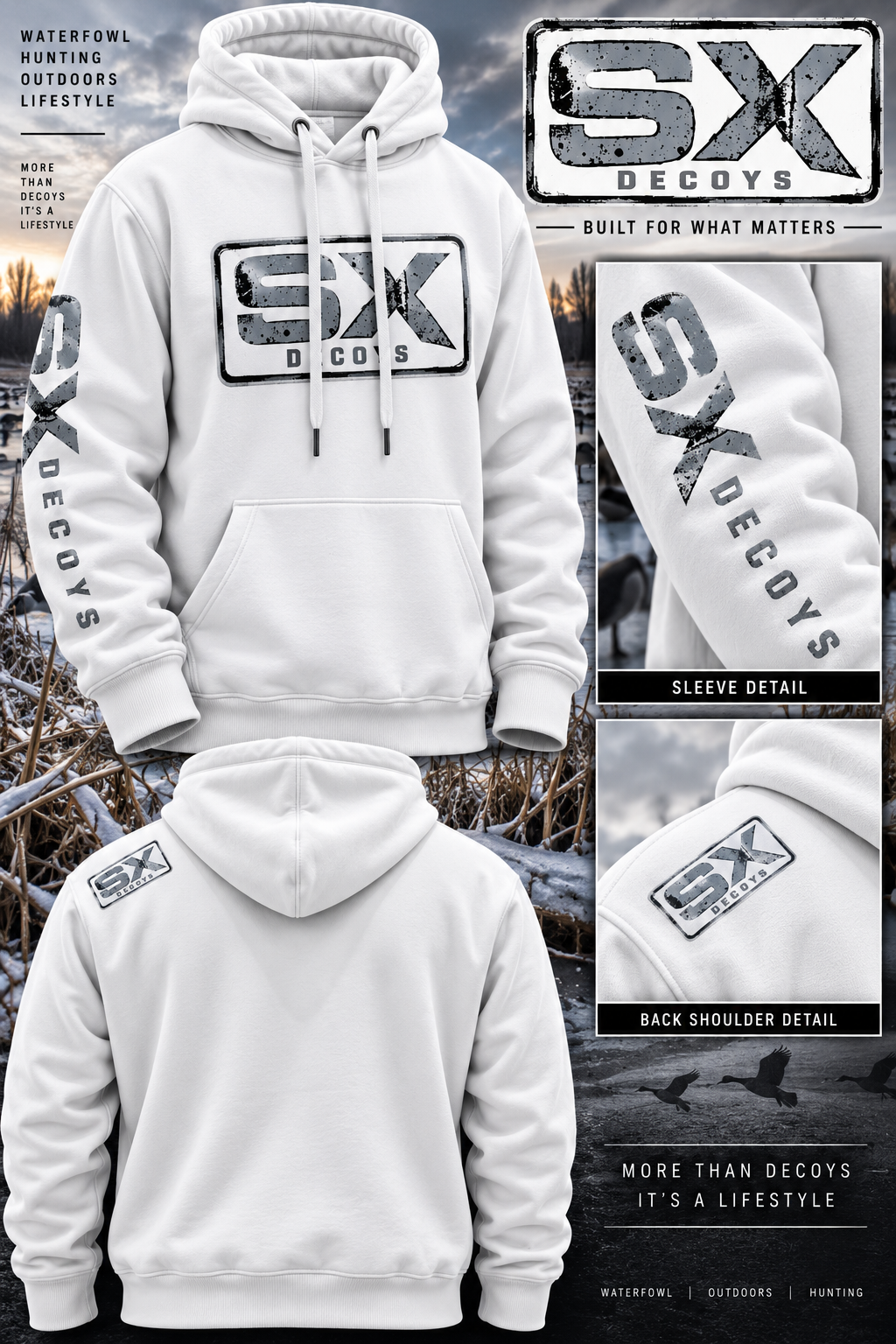 sx decoys white hoodie gray logo